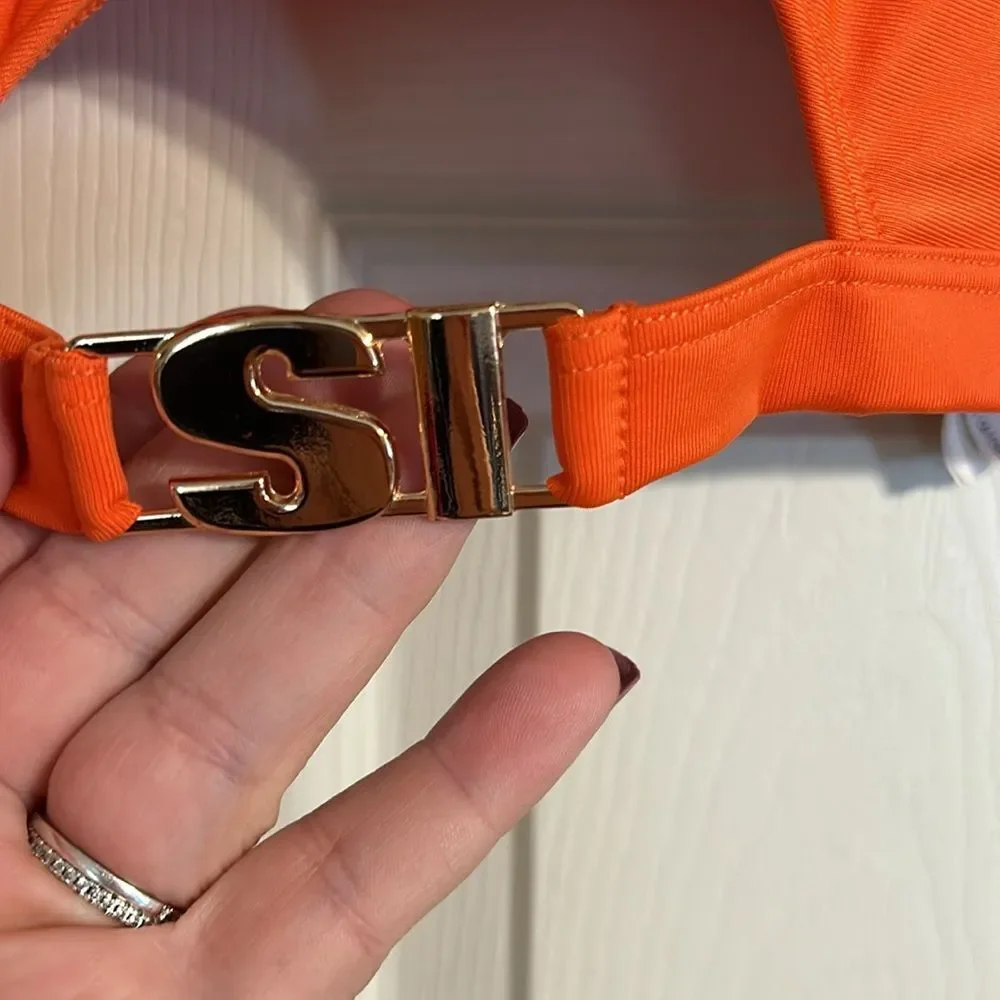 FOREVER 21 SPORTS ILLUSTRATED Size Large Orange Bikini Top Keyhole Gold Logo